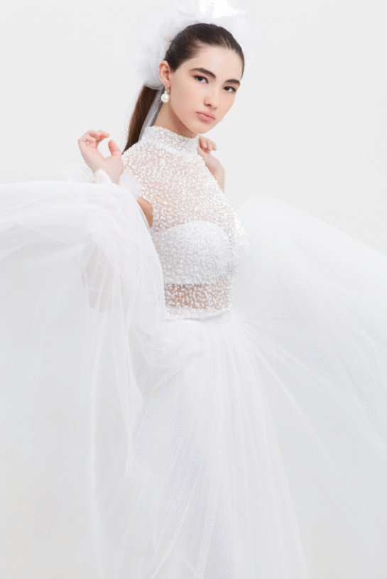 Collezione Angela Pascale Abito da sposa con corpetto in tulle ricamato di cristalli